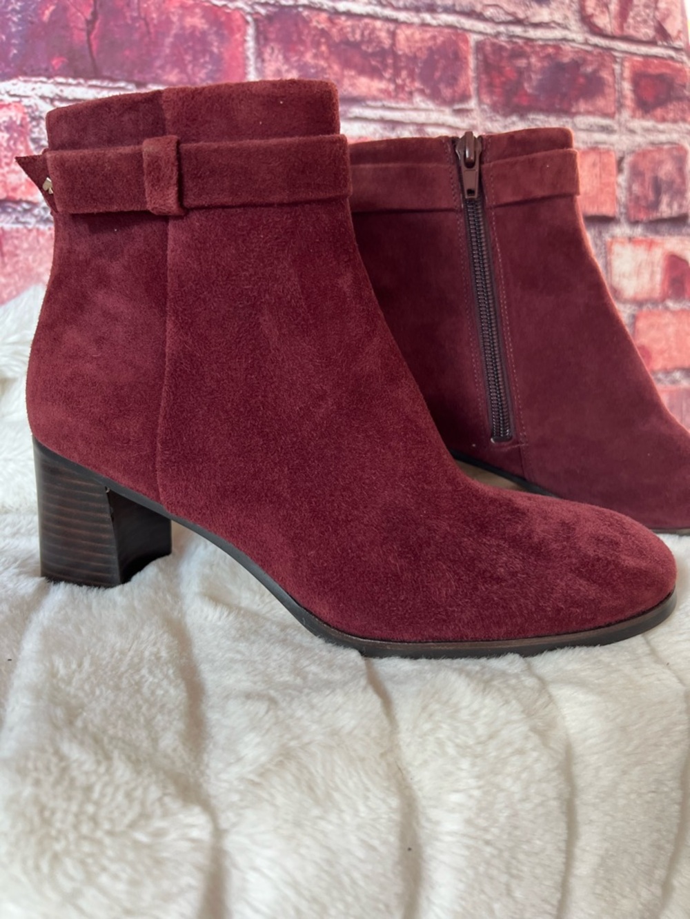 Kate Spade Madelaine Cherrywood Suede Block Heel Ankle Booties Size 7
